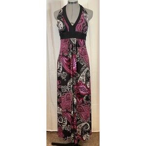 Bisou Bisou Halter Maxi Dress 6 Paisley Black  Red Pink White Boho Cruise Beach
